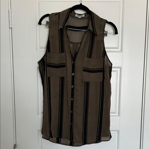 Express Portofino Sleeveless Sheer Olive & Black Striped Shirt